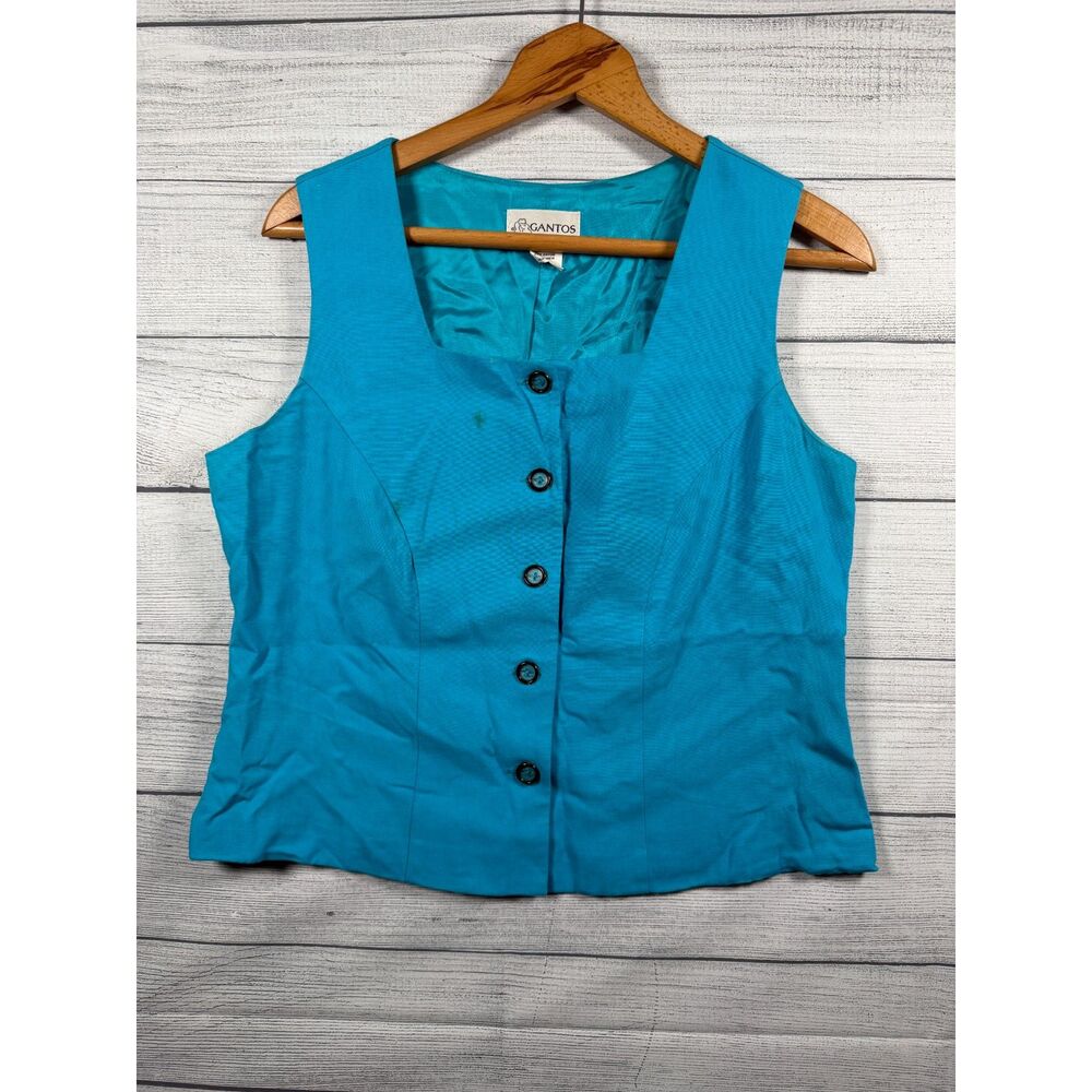 Vintage Gantos Women's 12 Teal Rayon Linen Button Front Vest Made USA 1322